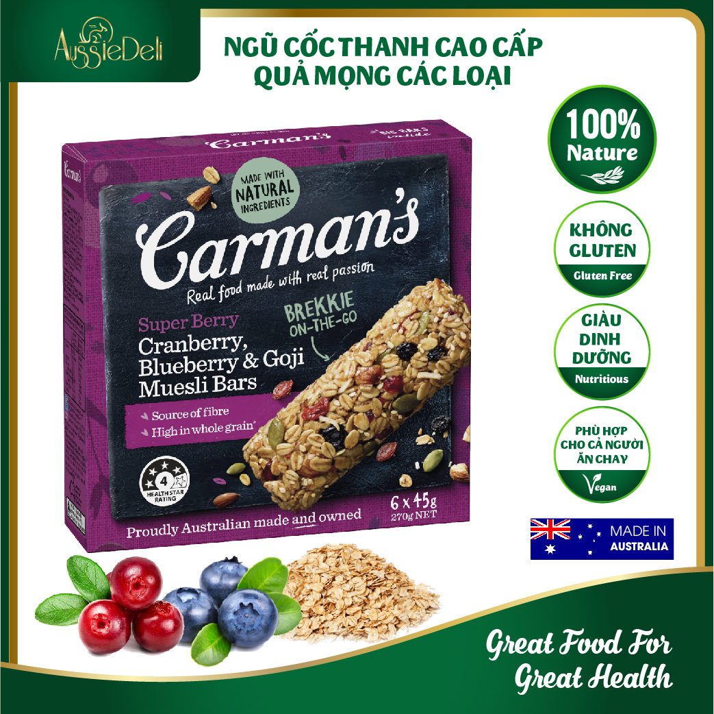 Thanh Hạt ăn kiêng Quả Mọng Carman's - Super Berry Muesli Bar Cranberry Blueberry Goji hộp 270g