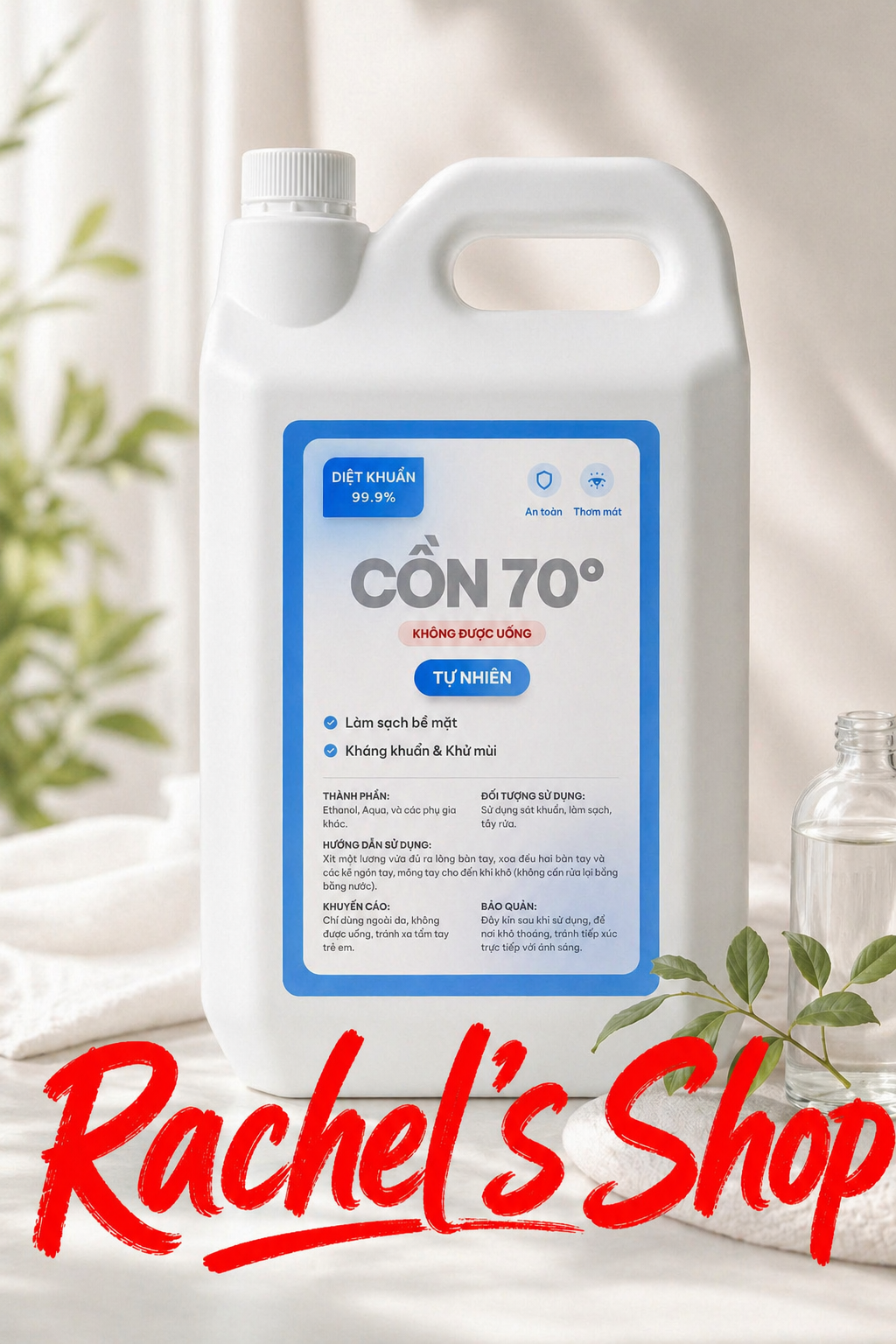 Dung dịch cồn sát khuẩn nhanh 70 độ can 5 lít hương tự nhiên (không mùi) Sản phẩm làm sạch, kháng khuẩn, khử mùi