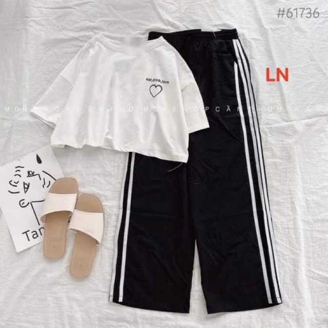 Set áo croptop tim ngực + quần ống rộng 3 sọc