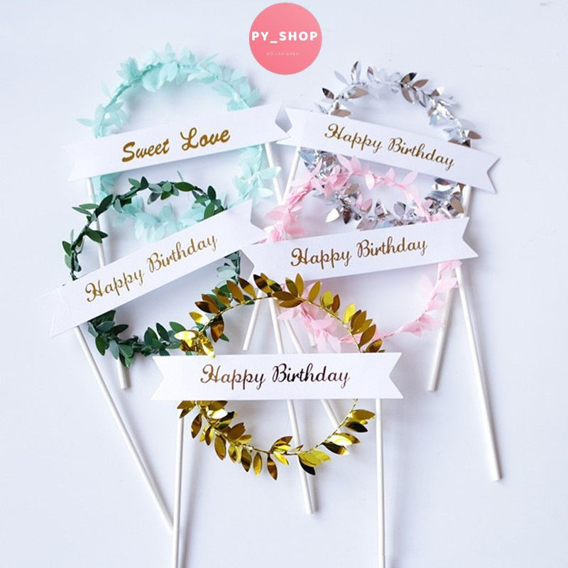 Que cắm vòng nguyệt quế hpbd trang trí bánh kem, set cắm bánh