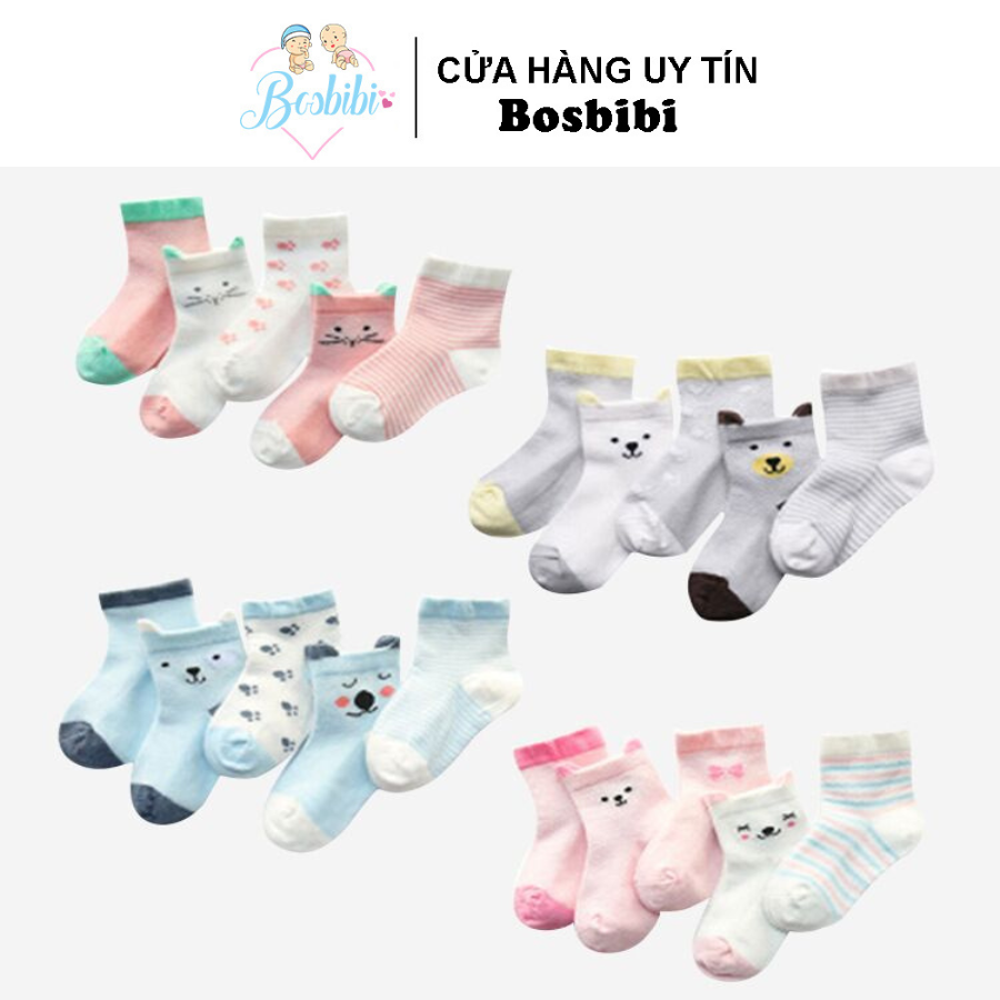 Set 5 đôi tất cổ cao, hình thú siêu dễ thương, cho bé 0-3 tuổi