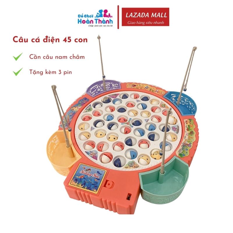 Đồ chơi câu cá trẻ em 45 con cá 4 cần nam châm. 4 cần móc có thể điều chỉnh nhạc, tặng kèm 3 pin AA