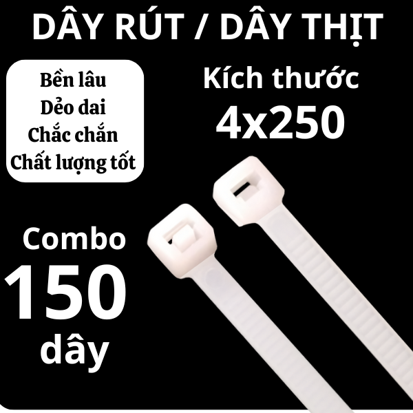 Combo 150 sợi dây rút 4x250 màu trắng , dây thịt combo 150 sợi hàng chuẩn giá tốt , dây rút kích thước nhỏ hàng tốt, Combo 150 sợi dây rút nhựa tiết kiệm, cố định vật dụng 25cm - Phát Huy Hoàng