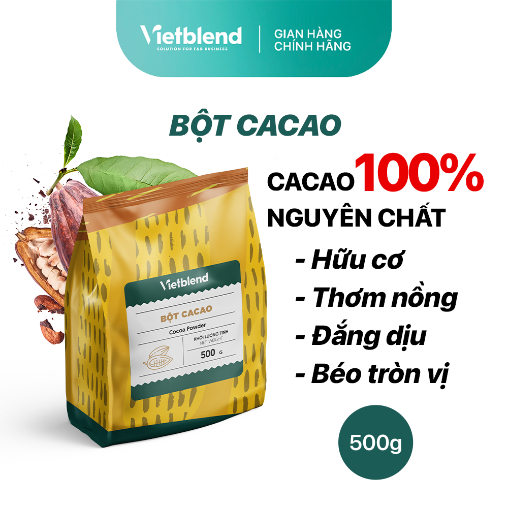 Bột ca cao nguyên chất 100% vietblend thơm nồng, đắng, béo túi 500g