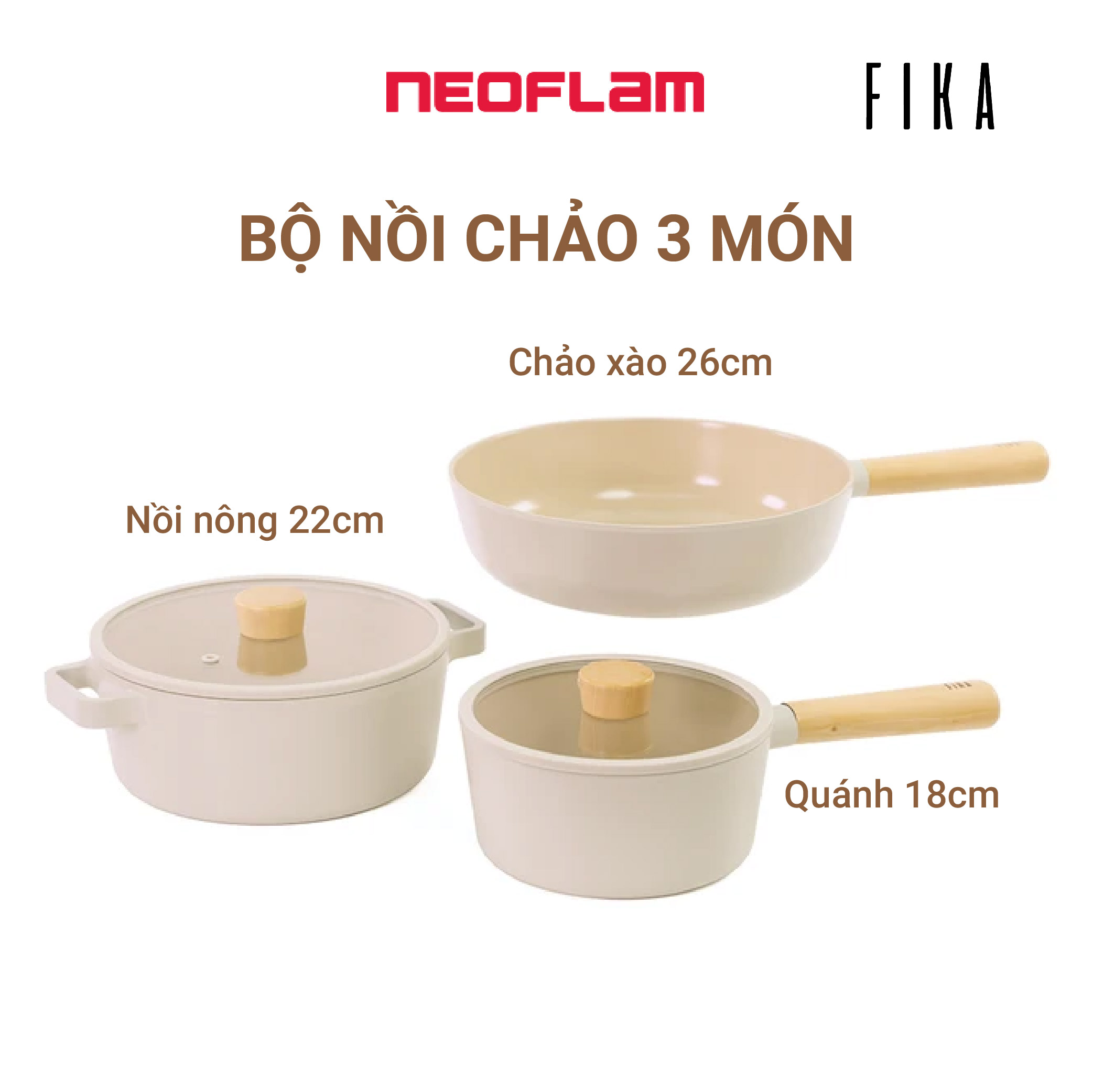 Bộ 3 món nồi, chảo chống dính bếp từ Fika Neoflam Hàn Quốc. Bao gốm 01 chảo xào sâu lòng 26cm chống dính bếp từ I 02 nồi chống dính bếp từ 18cm, nông 22cm