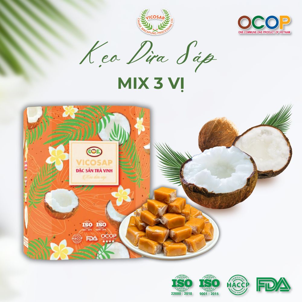  Kẹo dừa sáp VICOSAP mix 3 vị nguyên chất lá dứa ca cao vị kẹo mềm dẻo ít đường đặc sản Trà Vinh 