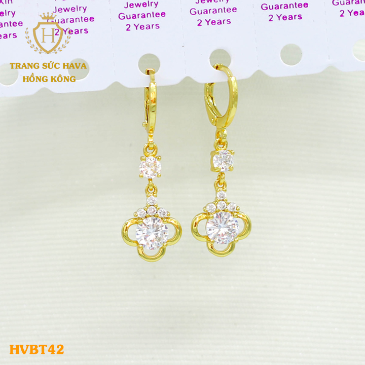 Bông Tai, Khuyên Tai Nữ Dáng Dài Mặt Đính Đá, Titan Xi Mạ Vàng Non 24k Cao Cấp - Trang Sức Hava Hong Kong