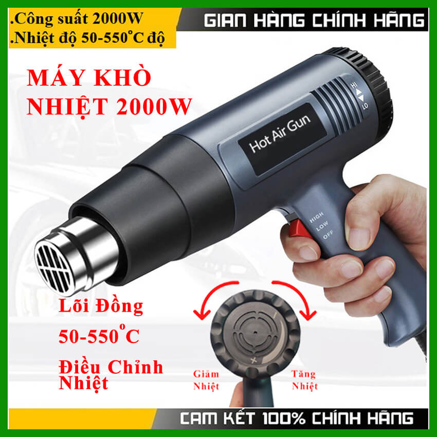 Máy thổi hơi nóng 2000W có điều chỉnh nhiệt, máy khò nhiệt bọc màng co giỏ quà tết, dán decal, đóng seal hộp, máy khò hơi nóng, máy thổi nhiệt cầm tay