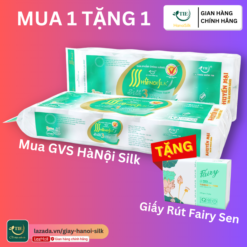 Combo 20 Cuộn Giấy Vệ Sinh Hà Nội Silk 3 Lớp 3.6kg Không Lõi Mềm Mịn Tan Nhanh, Tặng Kèm 2 Bịch Giấy Rút 270 Tờ