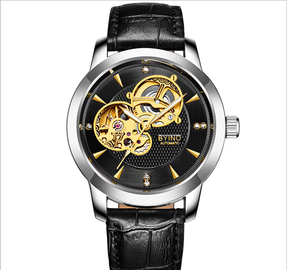 Đồng Hồ Cơ Nam Automatic Byino, Mặt Kính Sapphire chống xước, thép 316L không gỉ, mặt lộ máy cơ tinh xảo, tự động lên cót