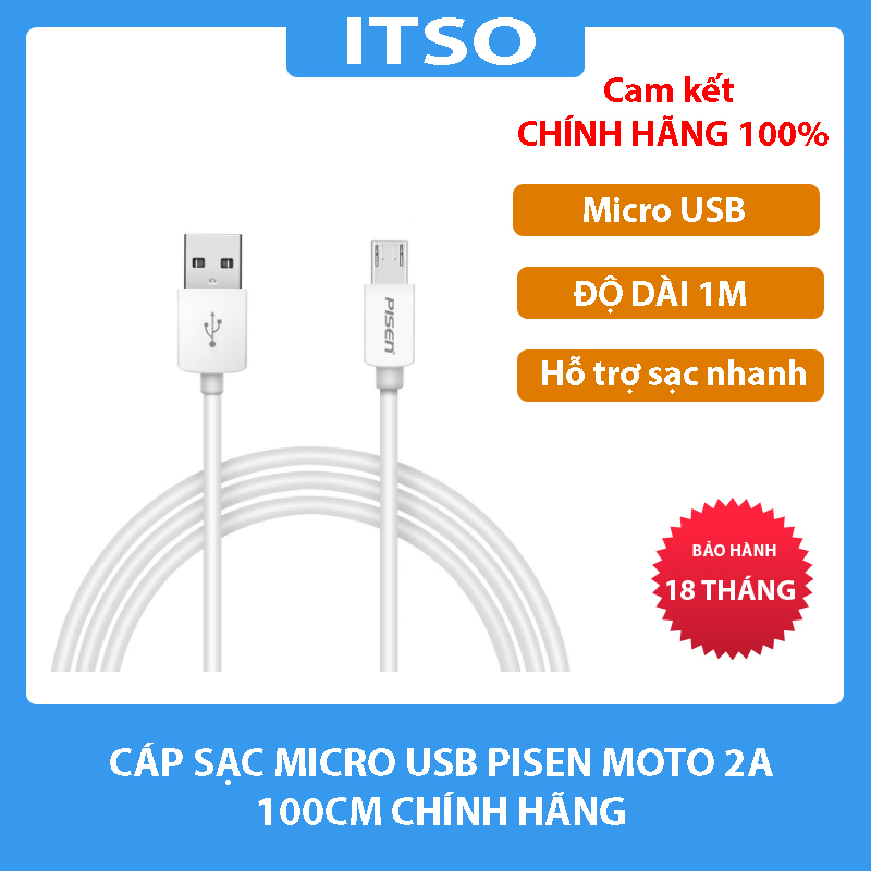 Cáp sạc PISEN Micro USB Moto 2A chính hãng dài 1m – Bảo hành 18 tháng – Dây Sạc PISEN cao cấp