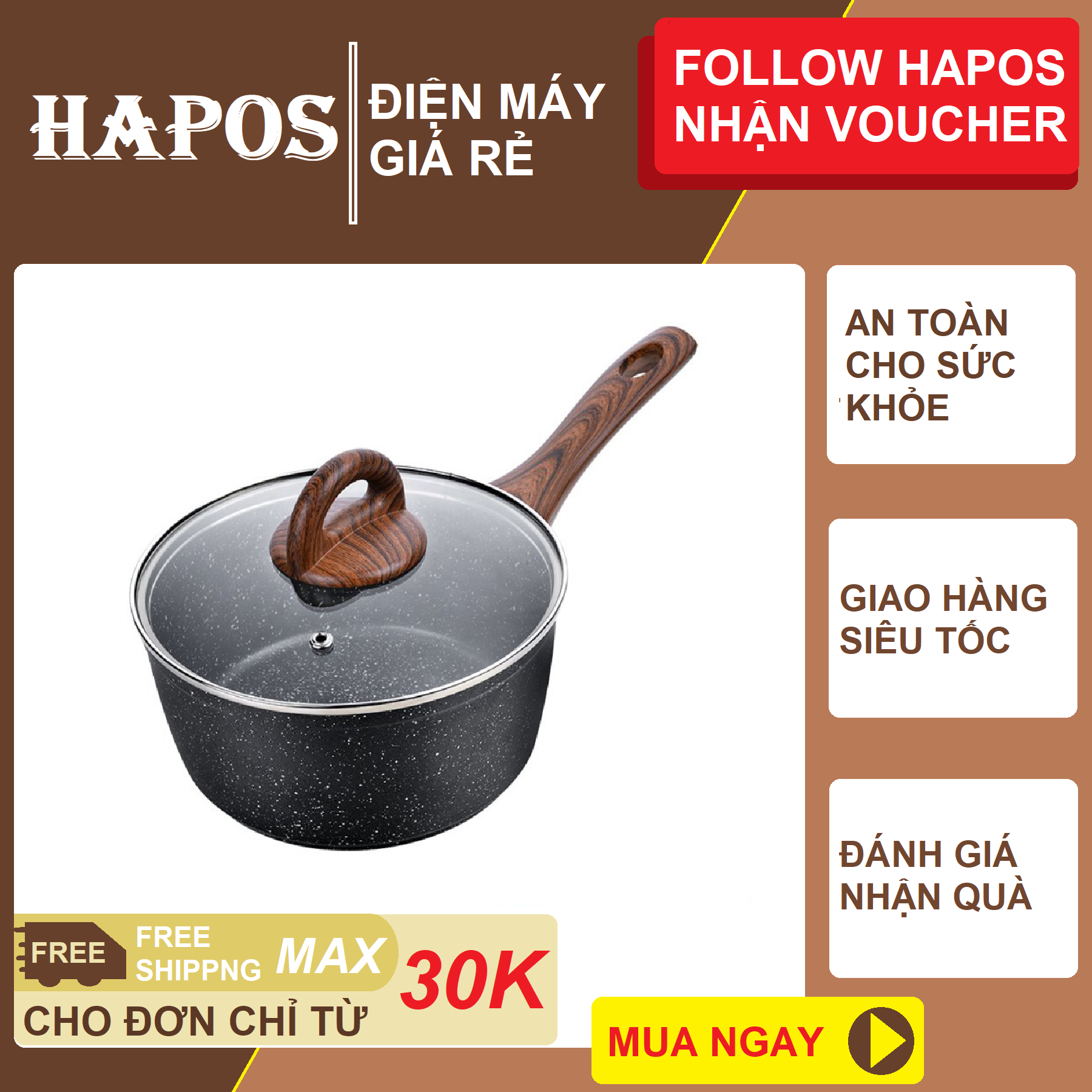 Chảo Nhôm Sâu Lòng Chống Dính Baum Marble 1 Tay Cầm Nắp Thủy Tinh Lock&Lock LBU1181 18cm