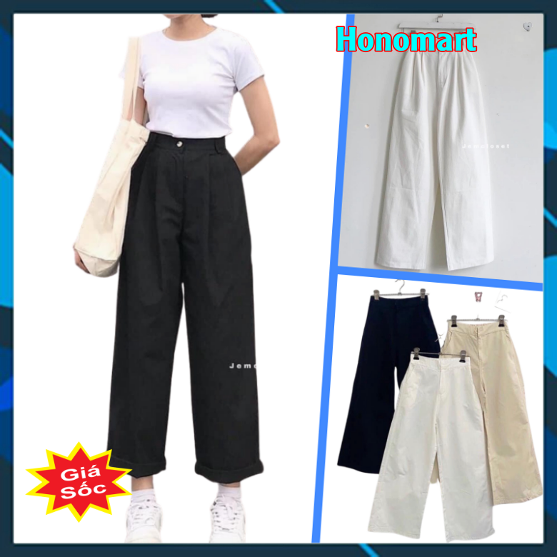 Quần Kaki Nữ Ống Rộng Lưng cao Bigsize 2 Màu Trắng Đen Tôn Dáng siêu đẹp Honomart