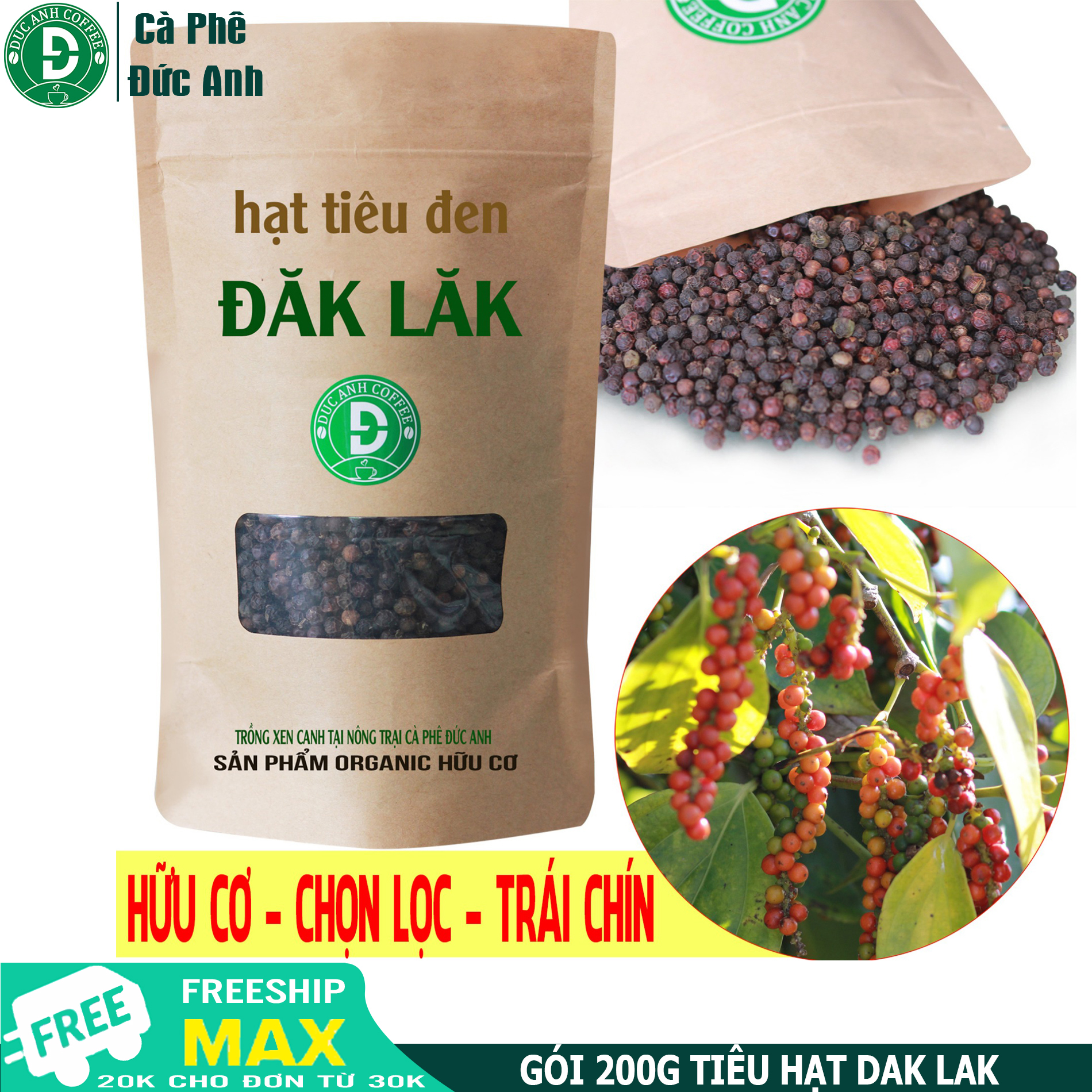 (vụ mới) Gói 200g tiêu sạch Đắk Lắk nguyên hạt Tiêu cay thơm chất lượng được trồng xen canh nông trại công ty cà phê Đức Anh - Flash sale