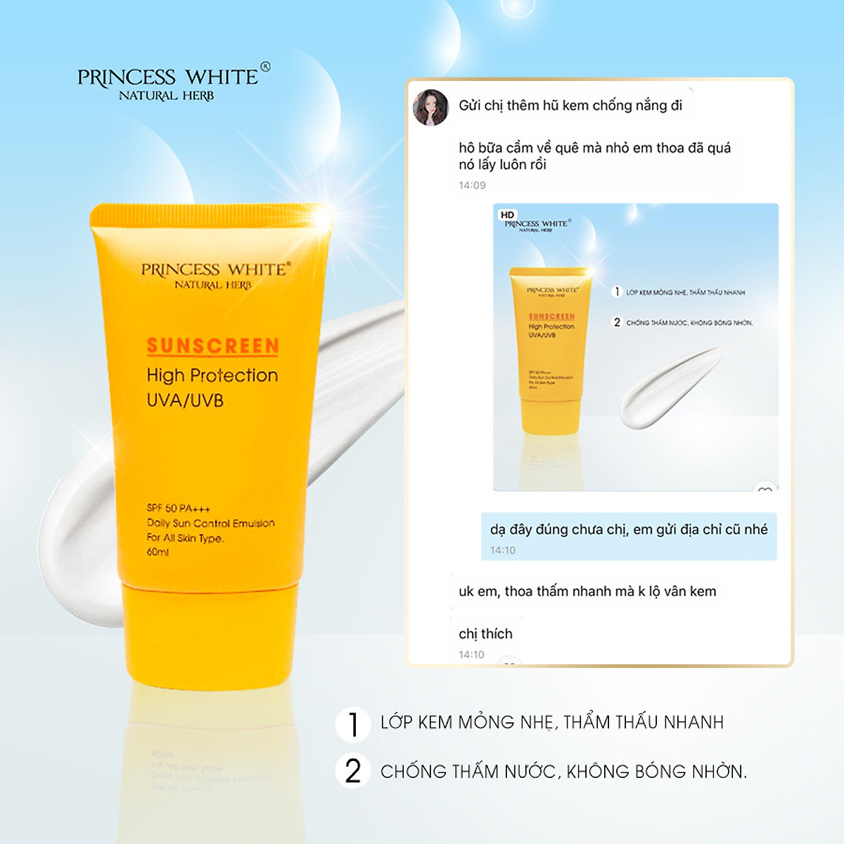 Kem chống nắng giữ ẩm da Princess White (Thế Hệ Mới) SPF 50+ PA+++ tuýp 50ml