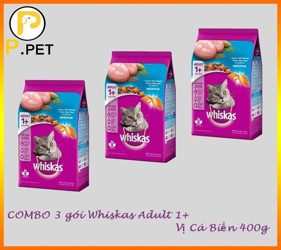 - thức ăn cho mèo trên 1 tuổi whiskas - thức ăn hạt cho mèo - vị cá biển - gói 400g