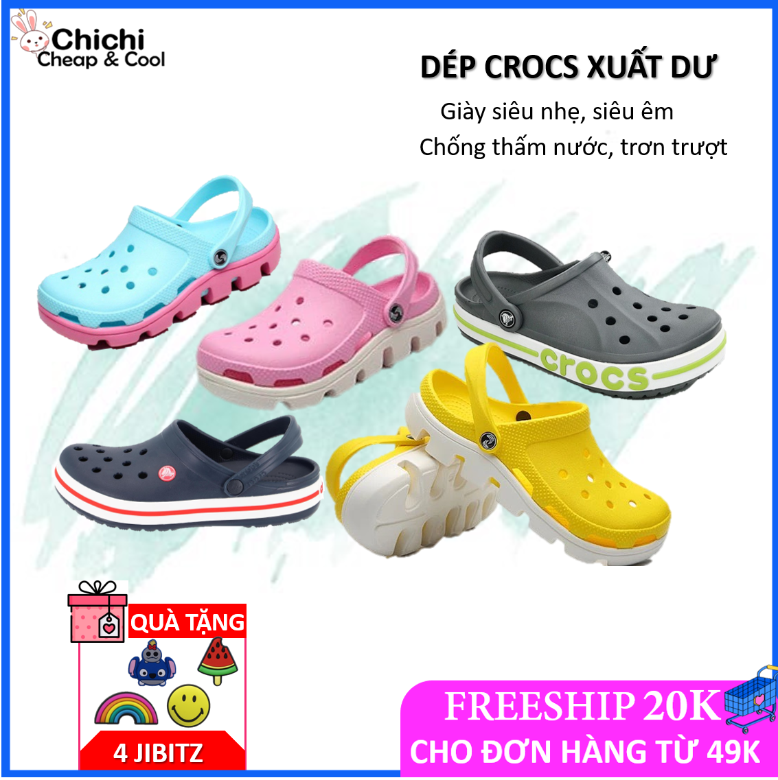 [XẢ HÀNG] Dép cross cá nam nữ  đế răng cưa xéo siêu nhẹ chống trơn trượt,chống thấm nước Chichi, dép sục nam nữ nhiều màu