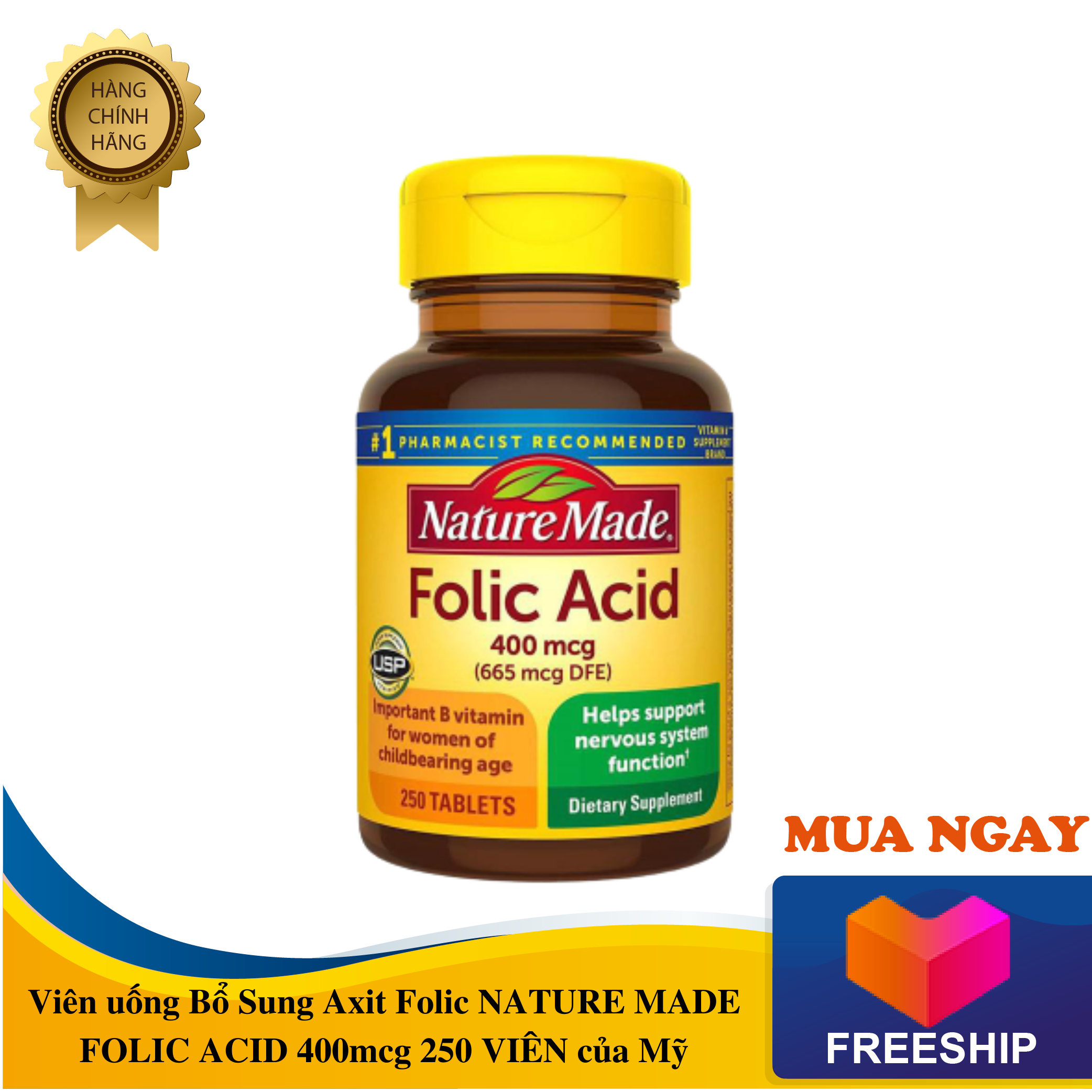Viên uống Bổ Sung Axit Folic NATURE MADE FOLIC ACID 400mcg 250 VIÊN của Mỹ