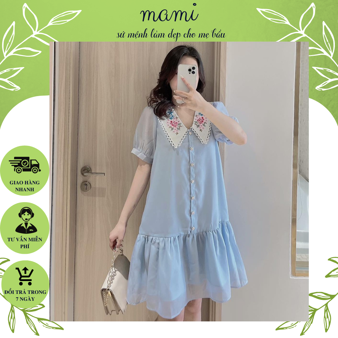 Váy, đầm bầu thiết kế 2 lớp Mami, chất liệu voan tơ mềm mai, lớp trong lót lụa thoáng mát thấm hút mồ hôi tốt size 40-80kg
