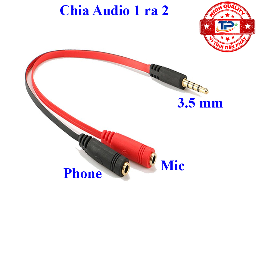 Cáp chia cổng âm thanh 3.5mm 1 ra 2 cổng Mic và Phone - Jack 1 to 2 (đen phối đỏ) cho điện thoại, Laptop….