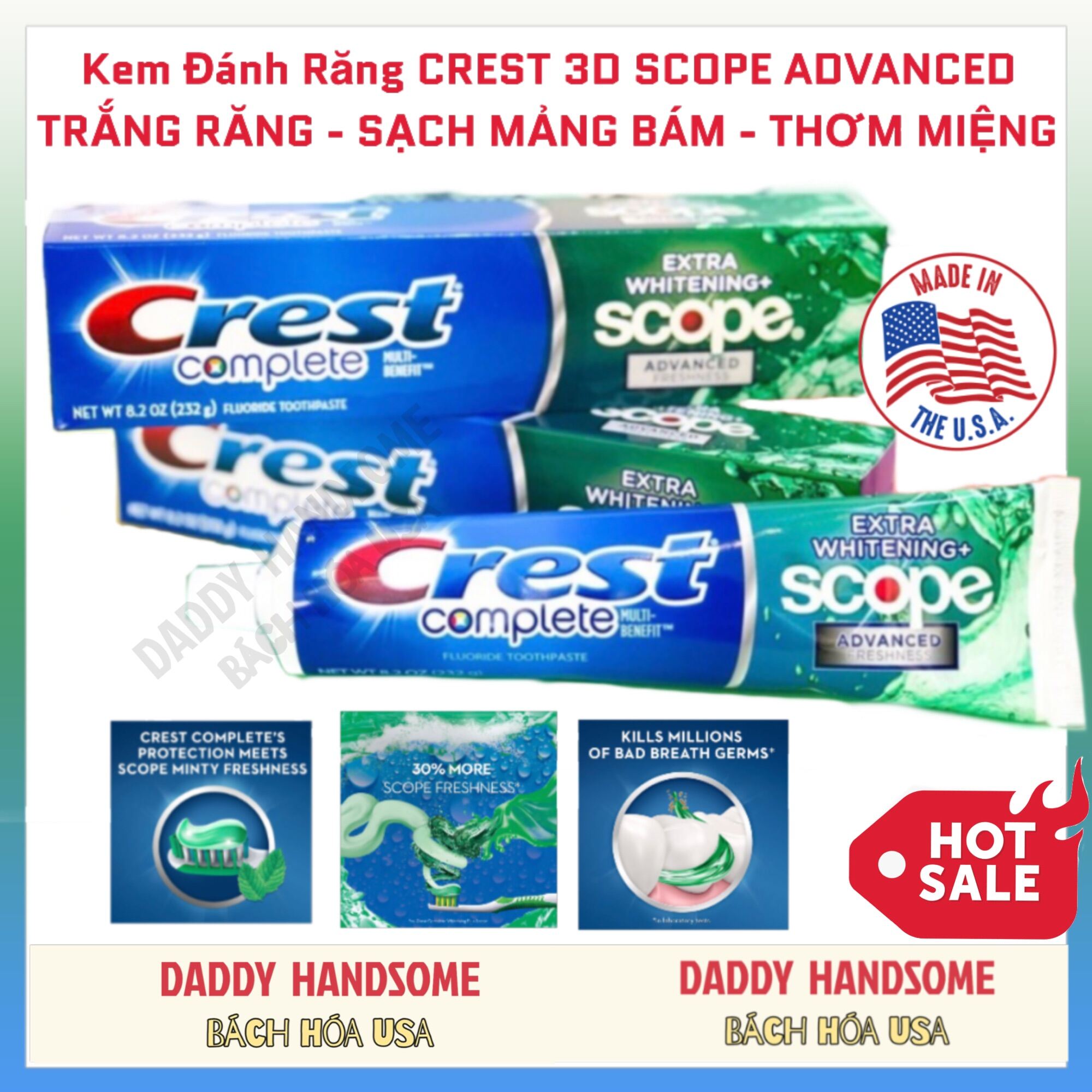 Kem Đánh Răng Crest 3D White Complete Scope Advanced 232gr Làm Trắng Răng Chính Hãng Mỹ