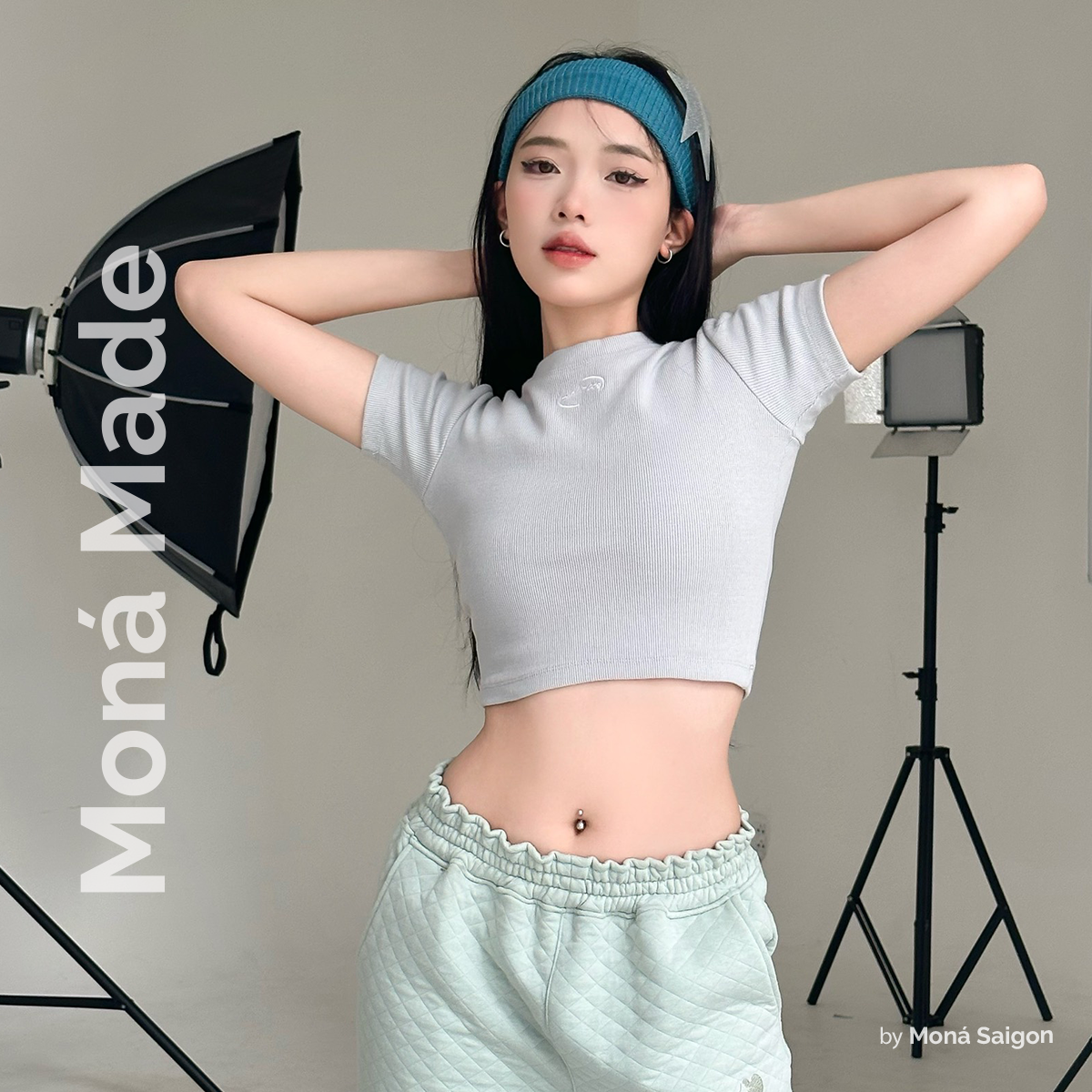 Áo thun baby tee moná - tiny tee xám/xanh