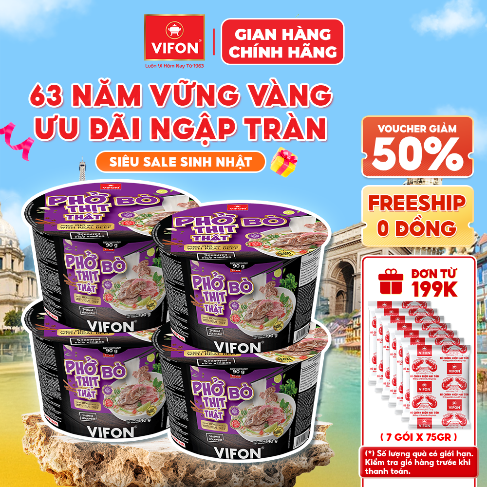 [Voucher 28% đơn từ 400K] Set 4 Tô Phở Bò/ Gà Thịt Thật VIFON 90g Có Gói Thịt Thật Dạng Tô Tiện Lợi
