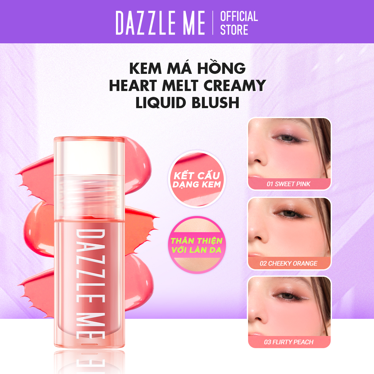 DAZZLE ME Kem Má Hồng Chống Thấm Nước Và Mồ Hôi Ửng Hồng Tự Nhiên Heart-Melt Creamy Liquid Blush 2.5