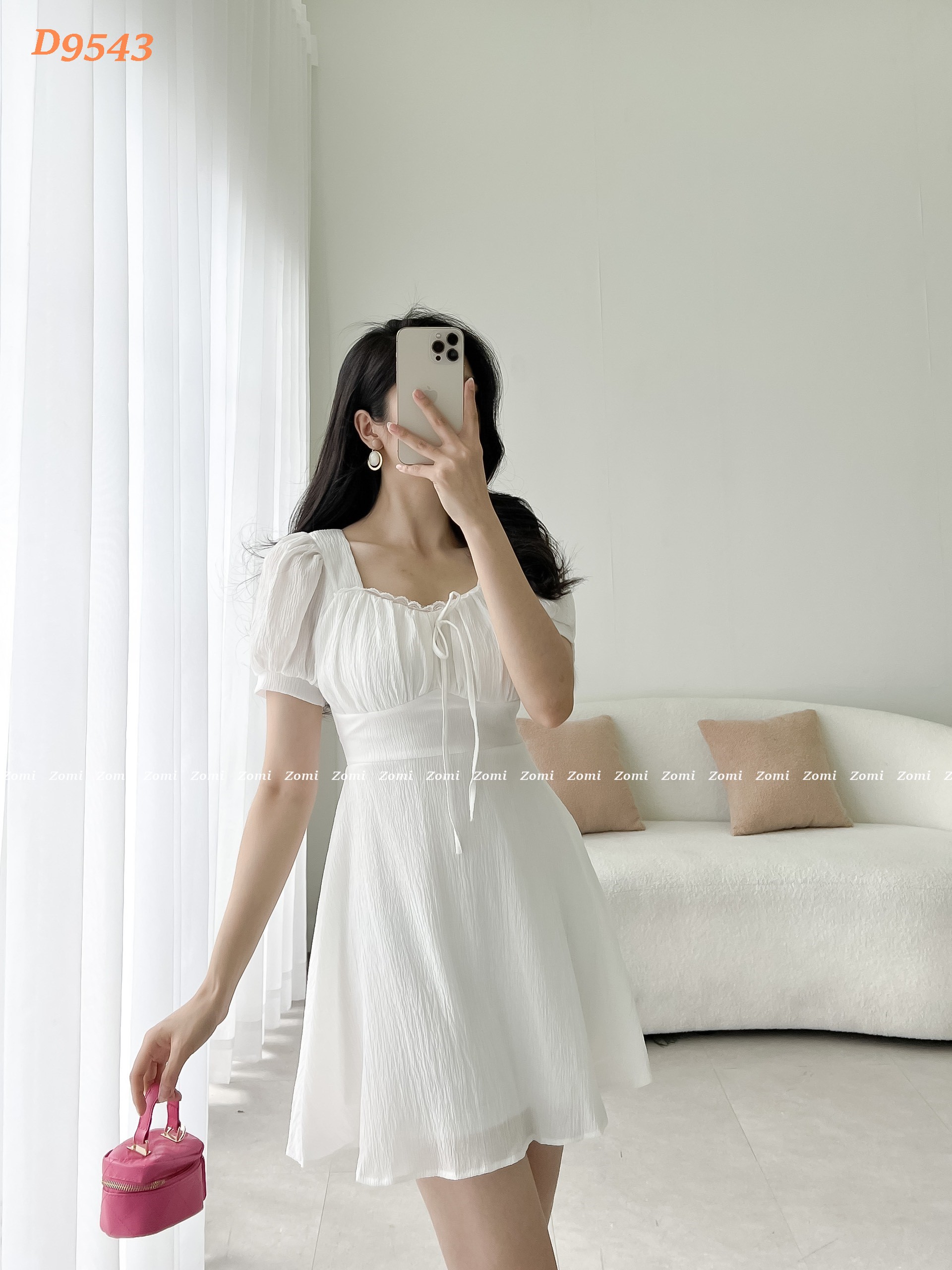 Đầm xòe tay phồng nhún phối ren điệu đà