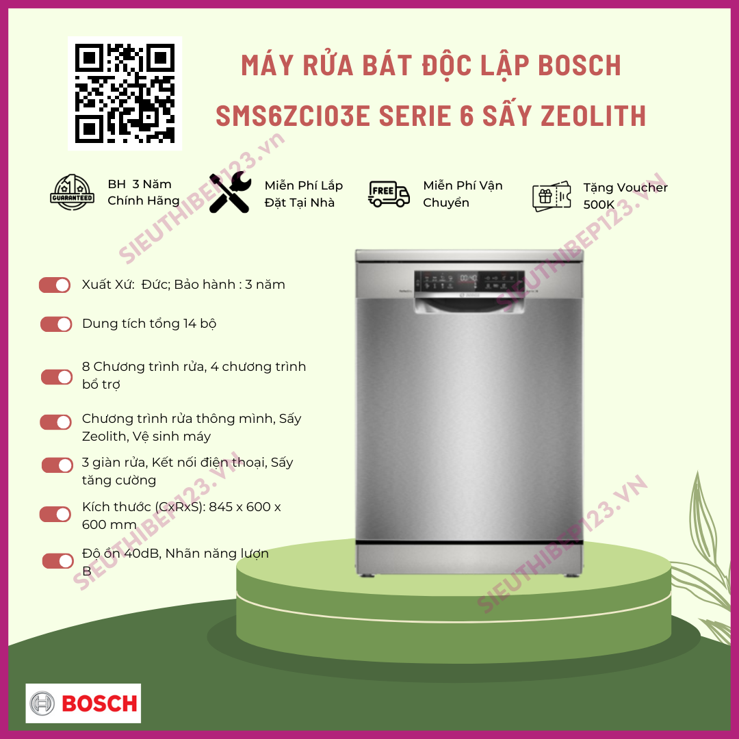 Máy rửa bát bosch sms6zci03e serie 6 sấy zeolith 14 bộ, homeconnect, nhập khẩu đức, có đèn nội thất