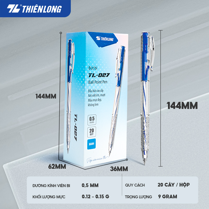 Bút bi Thiên Long TL- 027 mực xanh đỏ đen tím ngòi 0.5mm, nét viết đều dành cho học sinh, văn phòng