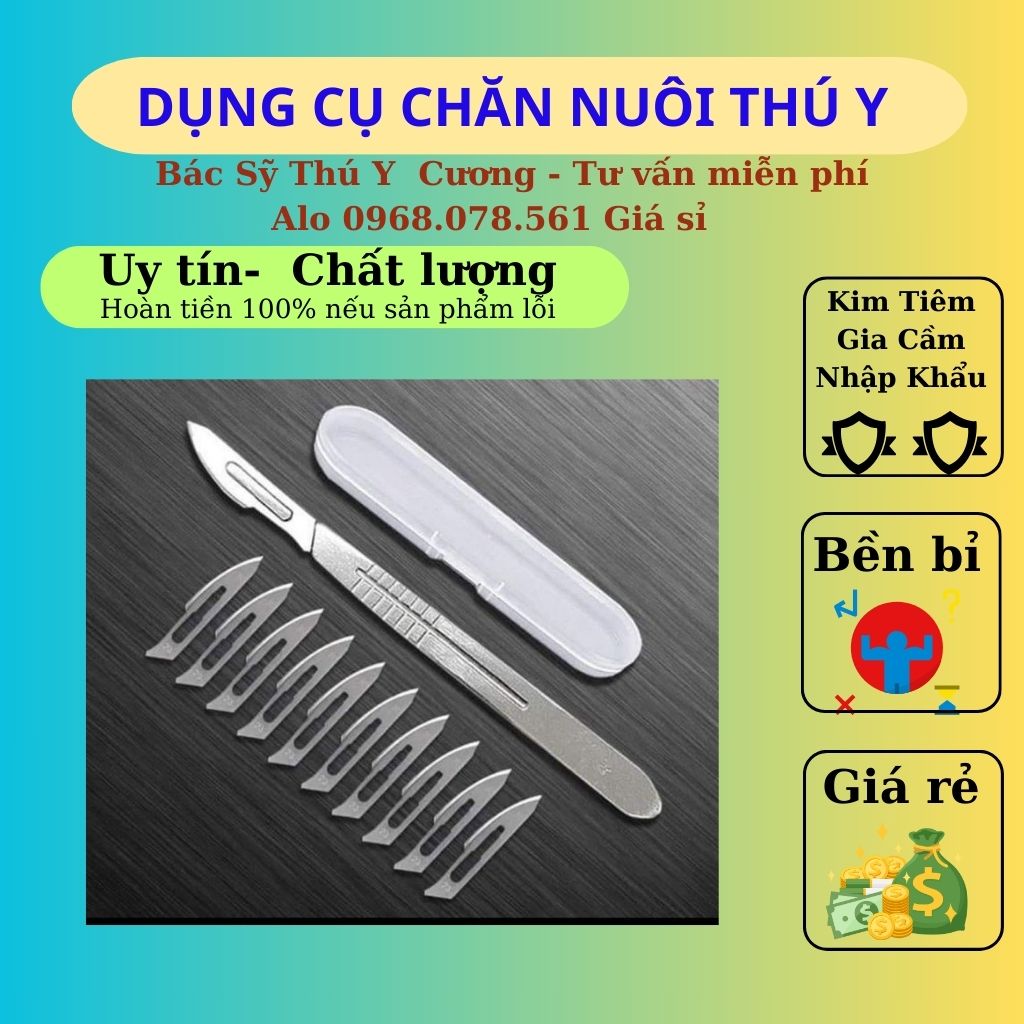 Dao thiến lợn, dao thiến heo con, combo 1 cán dao + 1 vỉ 10 lưỡi dao