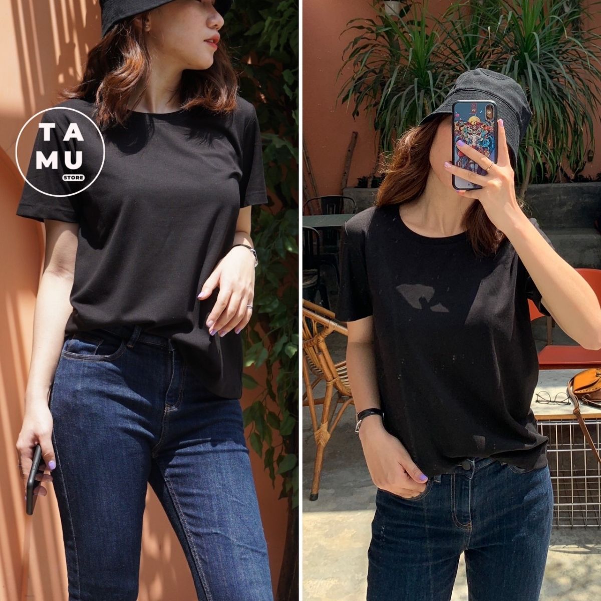 Áo thun nữ TaMu tay lỡ cổ tròn, phông trơn dáng basic, vải cotton, màu trắng và màu đen