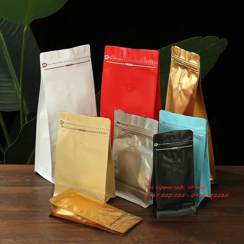 Túi zip 8 cạnh đựng cafe/màu đỏ/xanh ngọc/đen/bạc/đồng/sữa