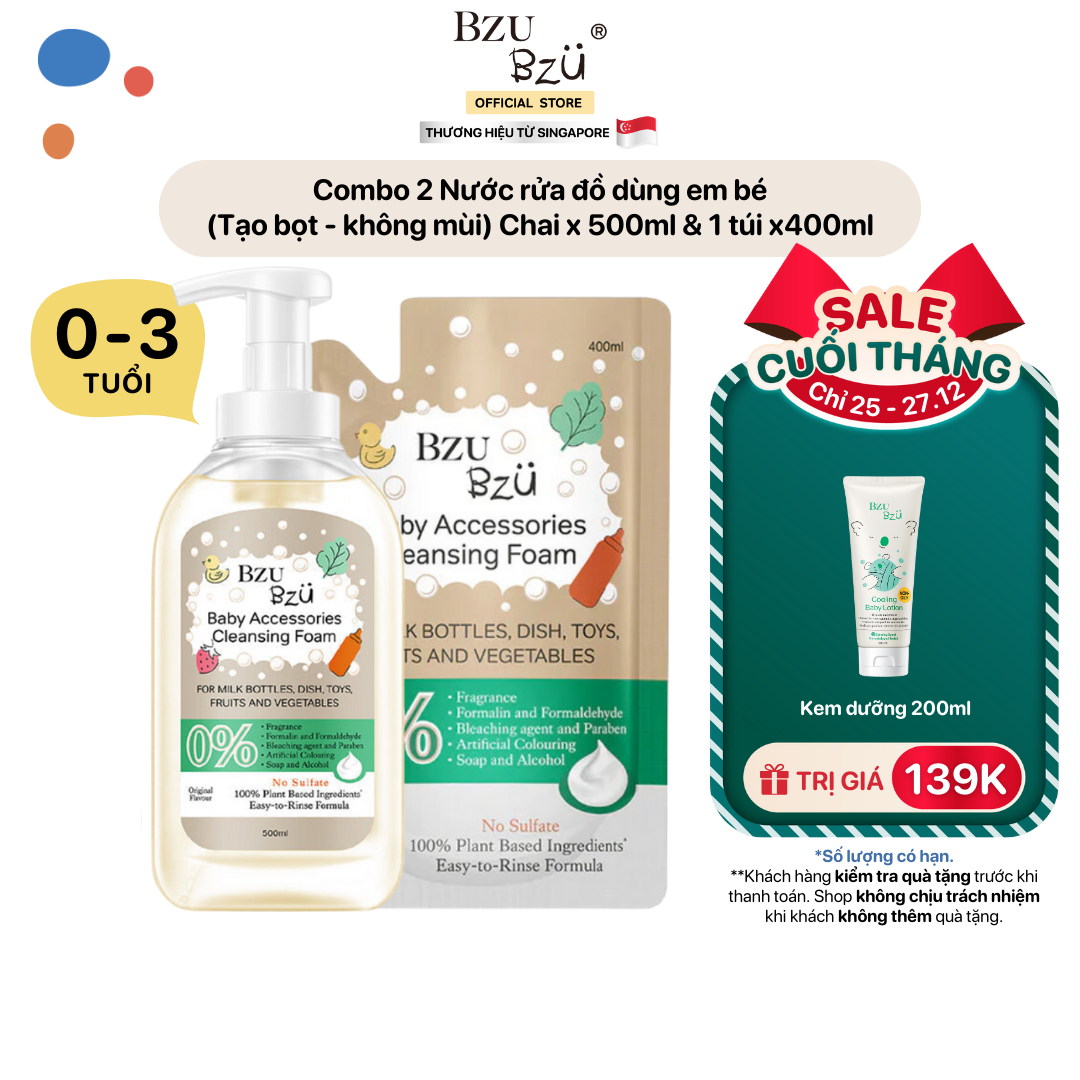 Combo 2 Nước Rửa Bình Sữa Và Đồ Dùng Em Bé BZU BZU Baby Accessories Cleansing Foam Chai 500ml và Túi Refill 400ml