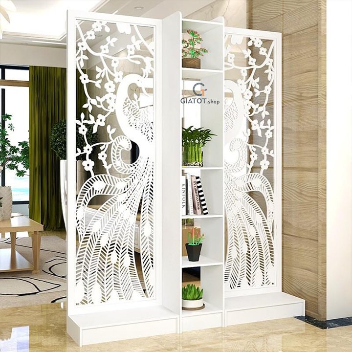 Bình phong 2 vách ngăn liền 1 kệ hình con công GTS327