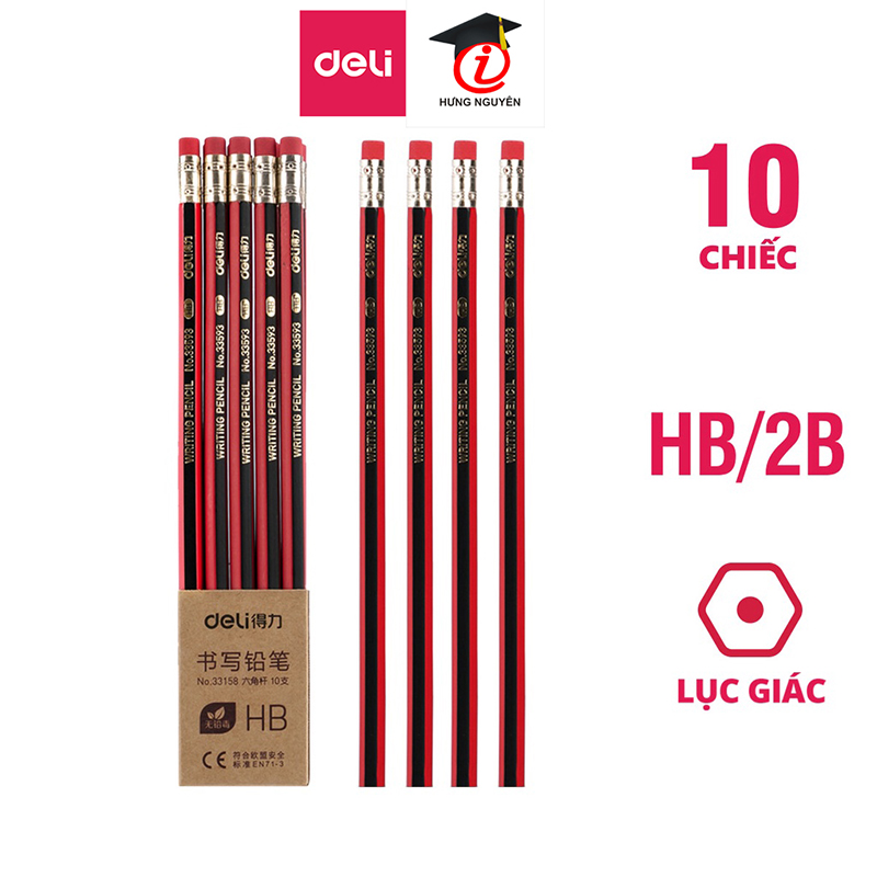 Set 10 bút chì 2b/hb thân lục giác có tẩy 33159/33158