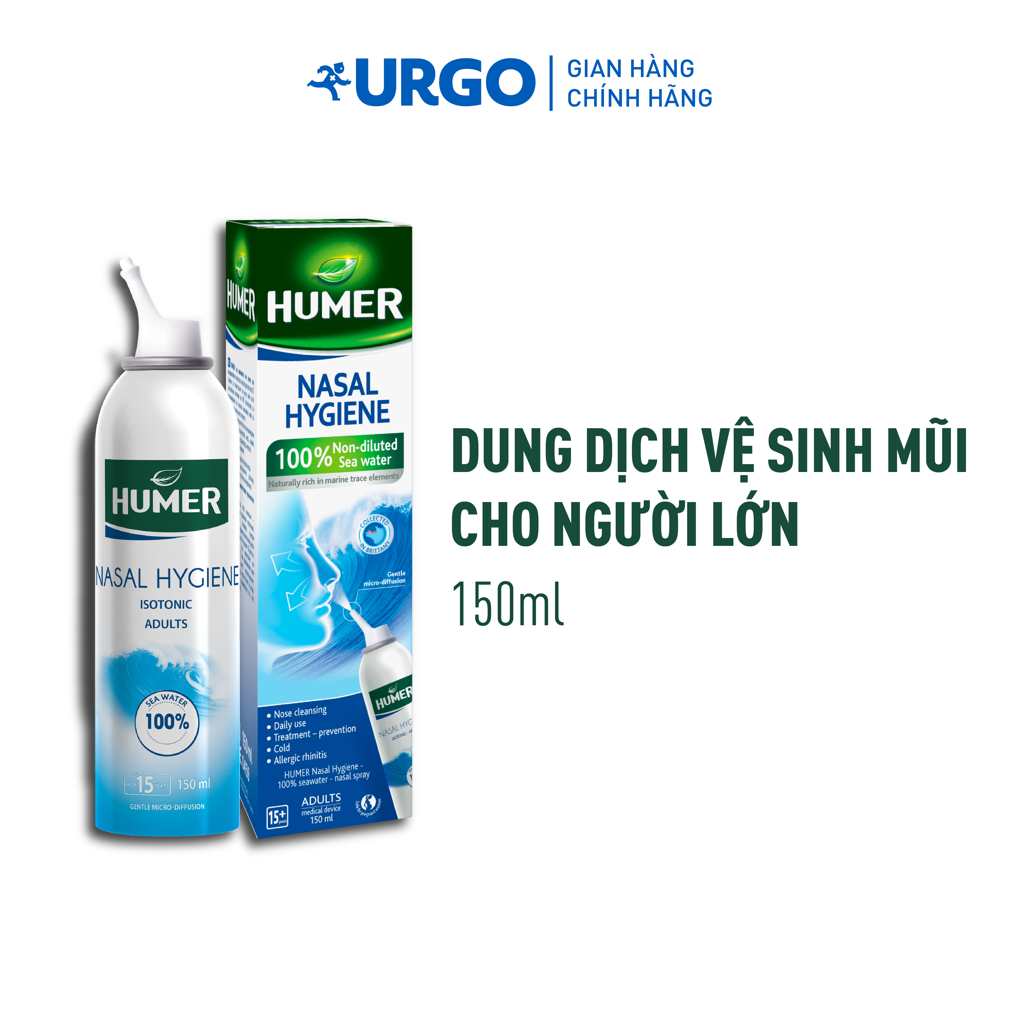 Humer - Dung dịch xịt vệ sinh mũi dùng cho Người lớn - 100% nước biển - 150ml