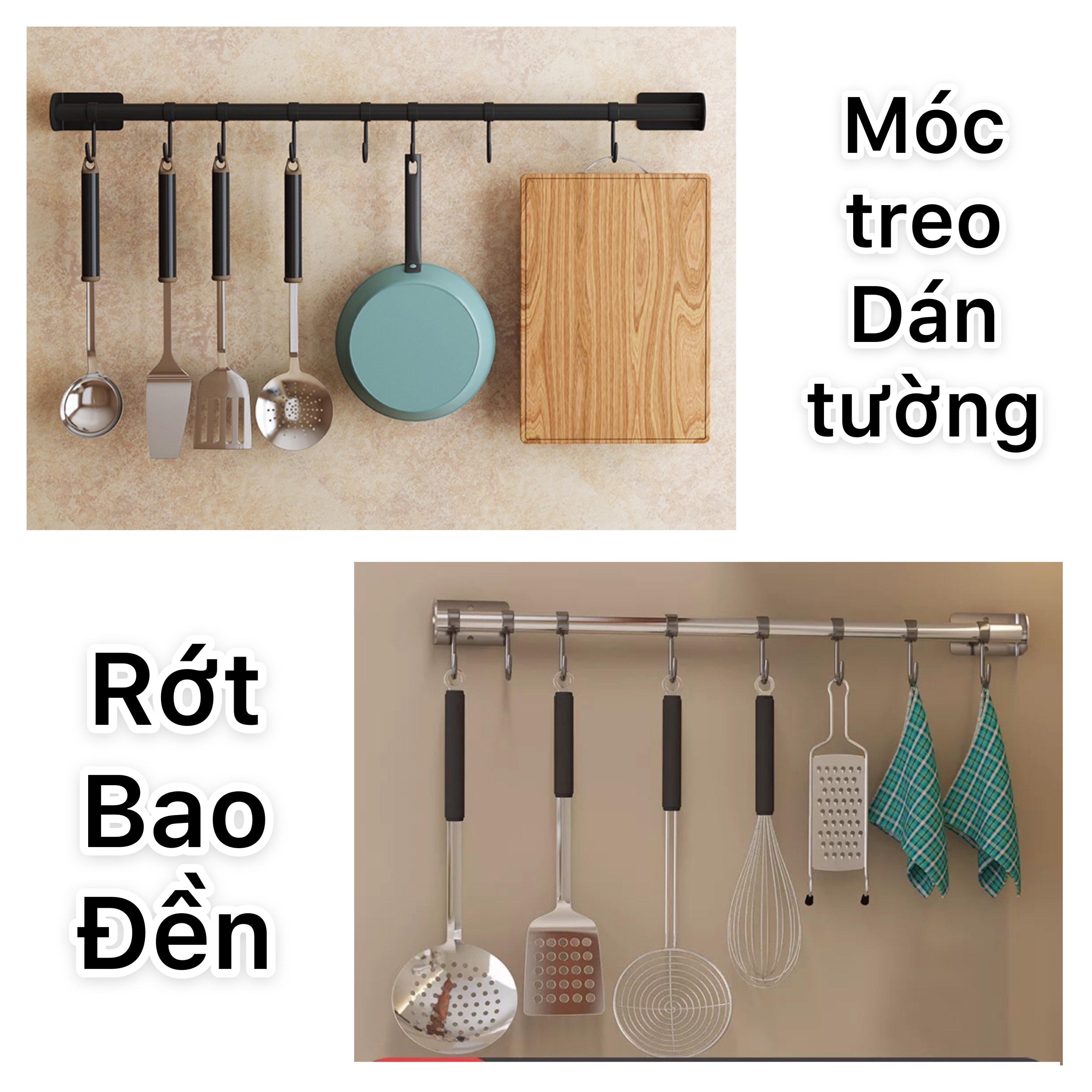 Thanh móc treo muỗng dán tường inox sơn tĩnh điện, giá treo nồi chảo, giá đỡ nồi chảo