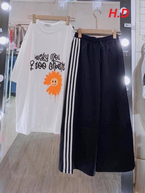 Bộ hoa cúc mặt cười chảy dãi+ quần ba sọc rộng, Áo thun nam nữ, quần kaki, quần nữ, sét bộ mặc ở nhà, áo thun tay dài, quần jean ống rộng - THE THY