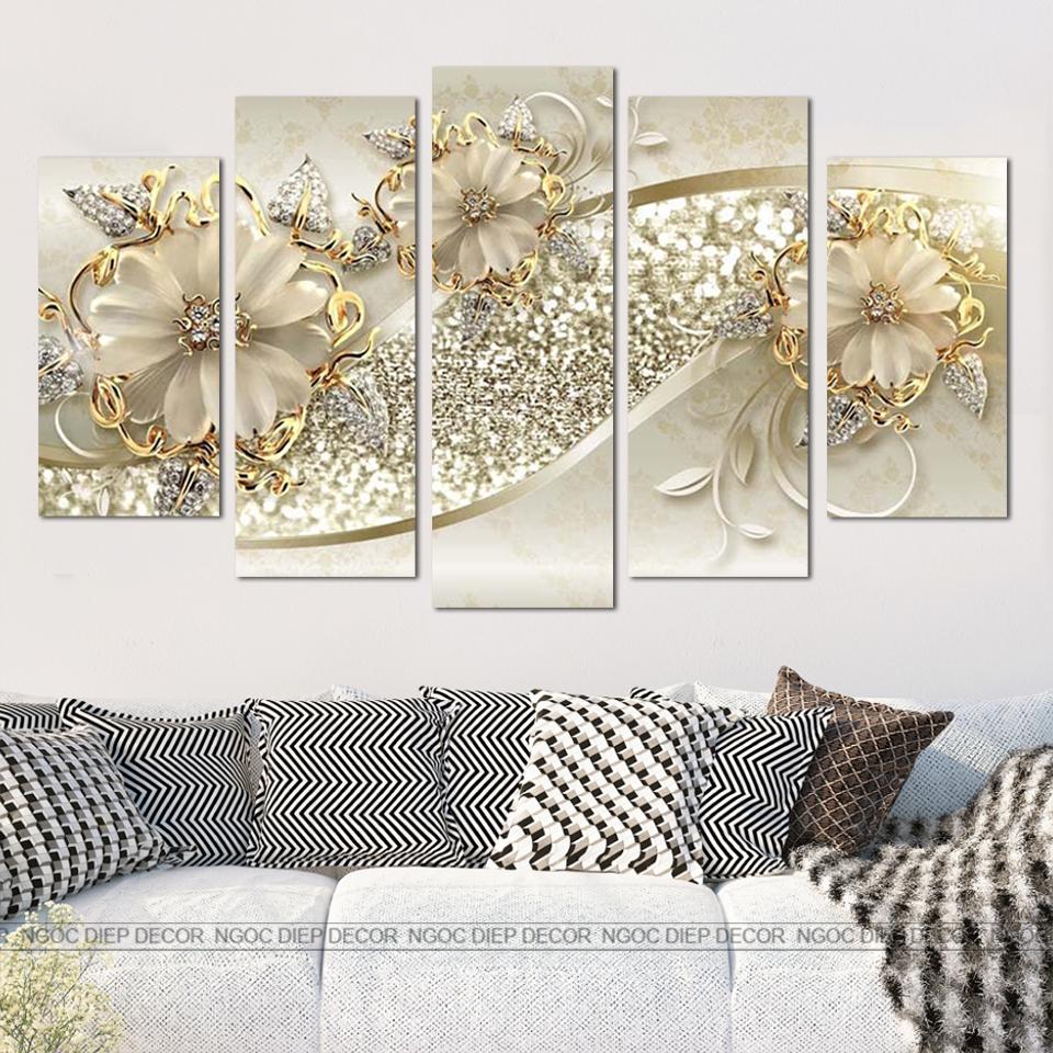 Tranh dán tường Hoa 3D kim sa lấp lánh sang trọng - Tranh décor phòng khách, phòng ngủ, tranh in sắc nét rực rỡ