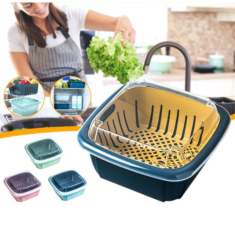 [HCM]BỘ RỔ NHỰA HOA QUẢ VUÔNG KÈM THAU CÓ NẮP ĐỰNG THỰC PHẨM TIỆN LỢI 3IN1