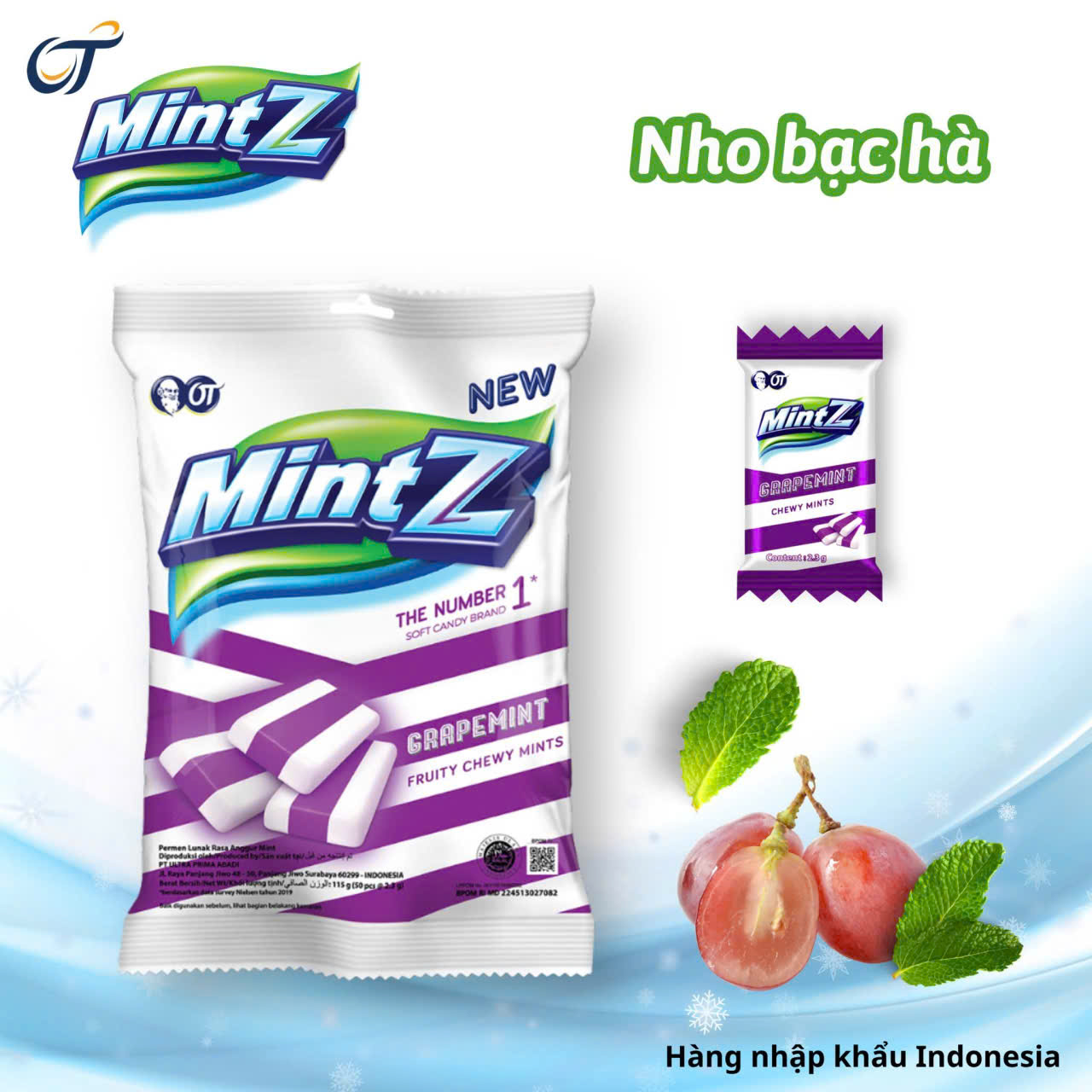 COMBO 2 GÓI Kẹo Mềm MintZ Grapemint Vị Nho Bạc Hà (Gói 115g - Tím)