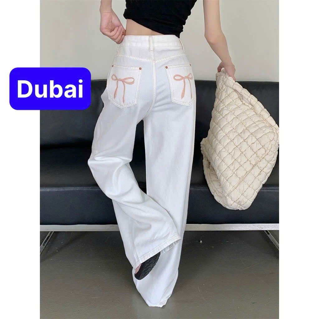  QUẦN BAGGY JEAN NỮ CHẤT BÒ ỐNG SUÔNG RỘNG THÊU NƠ HỒNG CẠP CAO LƯNG CAO NÂNG MÔNG CAO CẤP MỚI - DUBAI FASHION 