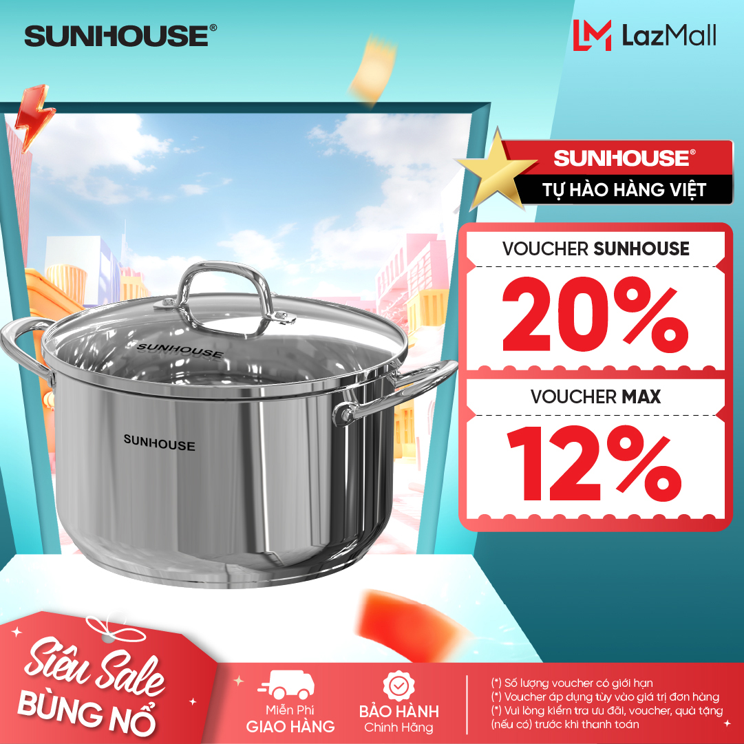 Nồi Inox 3 đáy SUNHOUSE SHG301-16 -20 -24 -28cm- vung kính cường lực viền inox siêu bền -Tay cầm và núm vung inox chắc chắn-  Phù hợp với mọi loại bếp - Hàng chính hãng
