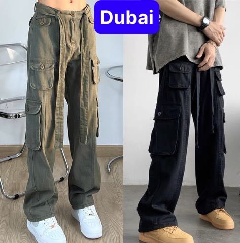 QUẦN KAKI NAM ỐNG RỘNG TÚI HỘP CARGO PANTS PHỐI DÂY DÁNG SUÔNG LƯNG CAO PHONG CÁCH ULZZANG CỰC CHẤT UNISEX PHONG CÁCH NHẬT BẢN SÀNH ĐIỆU VIP - DUBAI FASHION