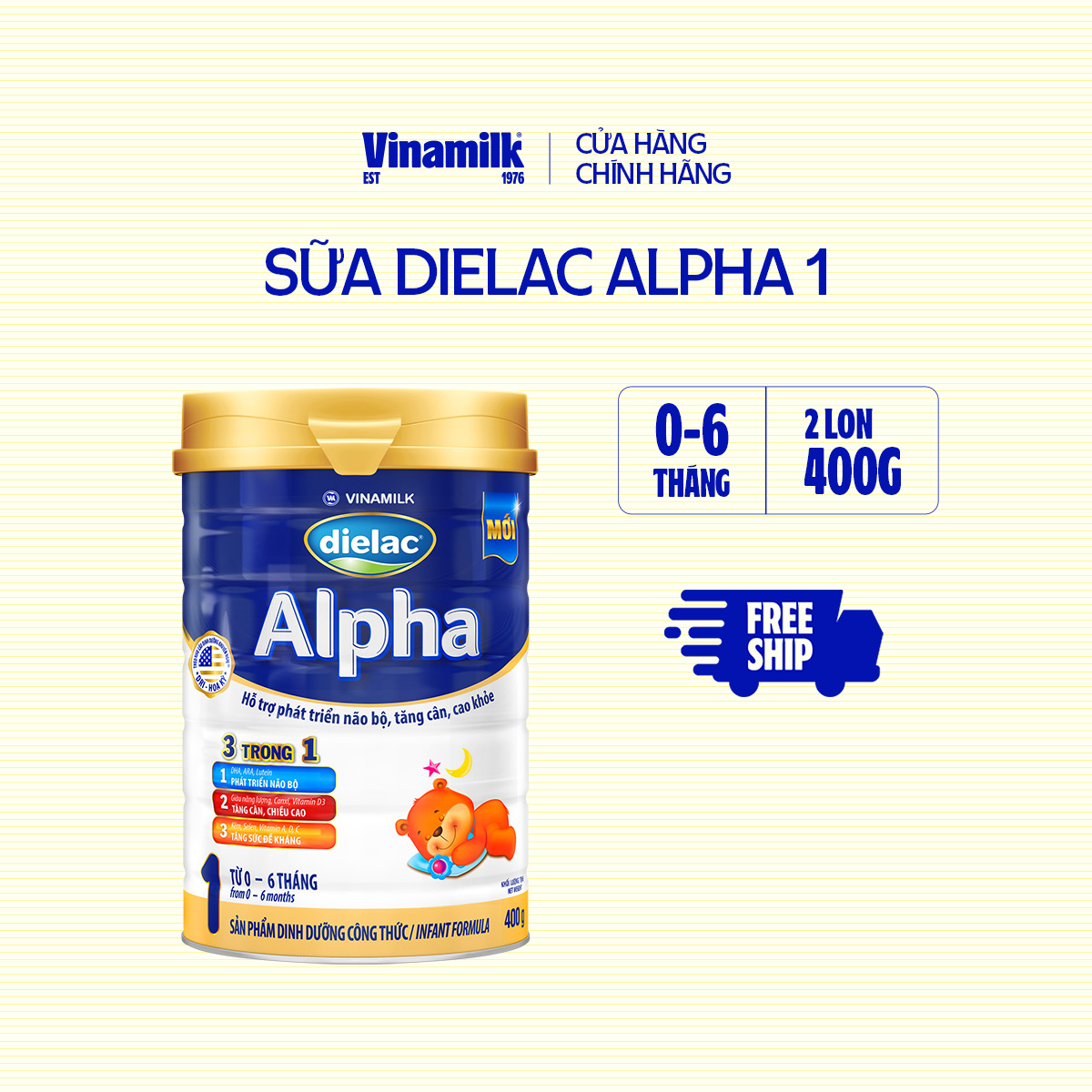 2 Hộp Sữa bột Vinamilk Dielac Alpha 1 - Hộp thiếc 400g (cho bé từ 0 - 6 tháng tuổi) - Sữa cho trẻ sơ sinh hỗ trợ phát triển não bộ, tăng cân chiều cao, tăng sức đề kháng