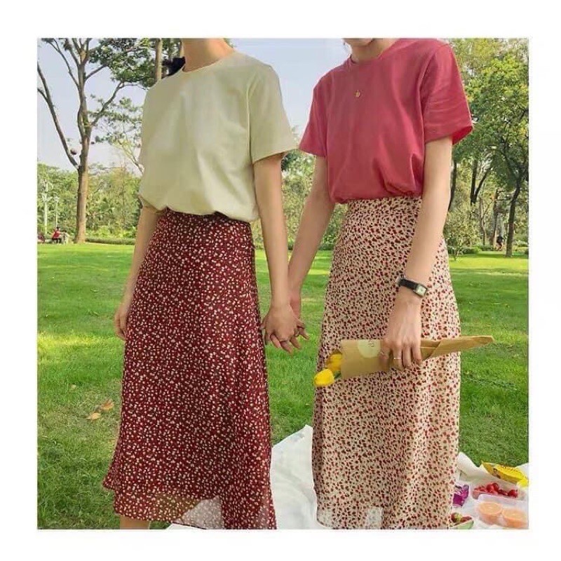 Chân váy hoa nhí - chân váy midi hoa nhí nhiều màu ulzzang