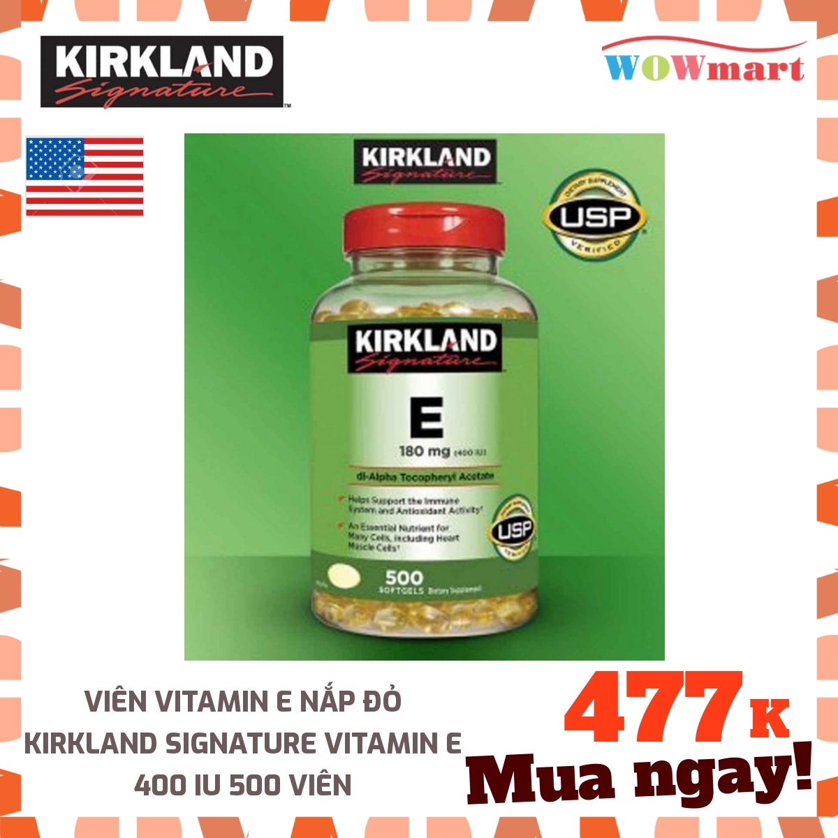[HCM]Viên Vitamin E nắp đỏ Kirkland Signature Vitamin E 400 IU 500 viên - [MỸ]