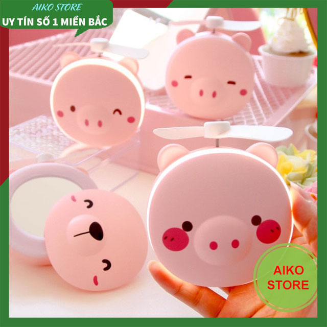 [ 3 TRONG 1 ] Quạt Hình Con Heo Trang Điểm, Đèn LED Gương Trang Điểm Quạt Mini Cầm Tay Mùa Hè Ngoài Trời Đèn Ngủ, Máy phun sương tạo ẩm kèm quạt và đèn ngủ, hình chú mèo dễ thương